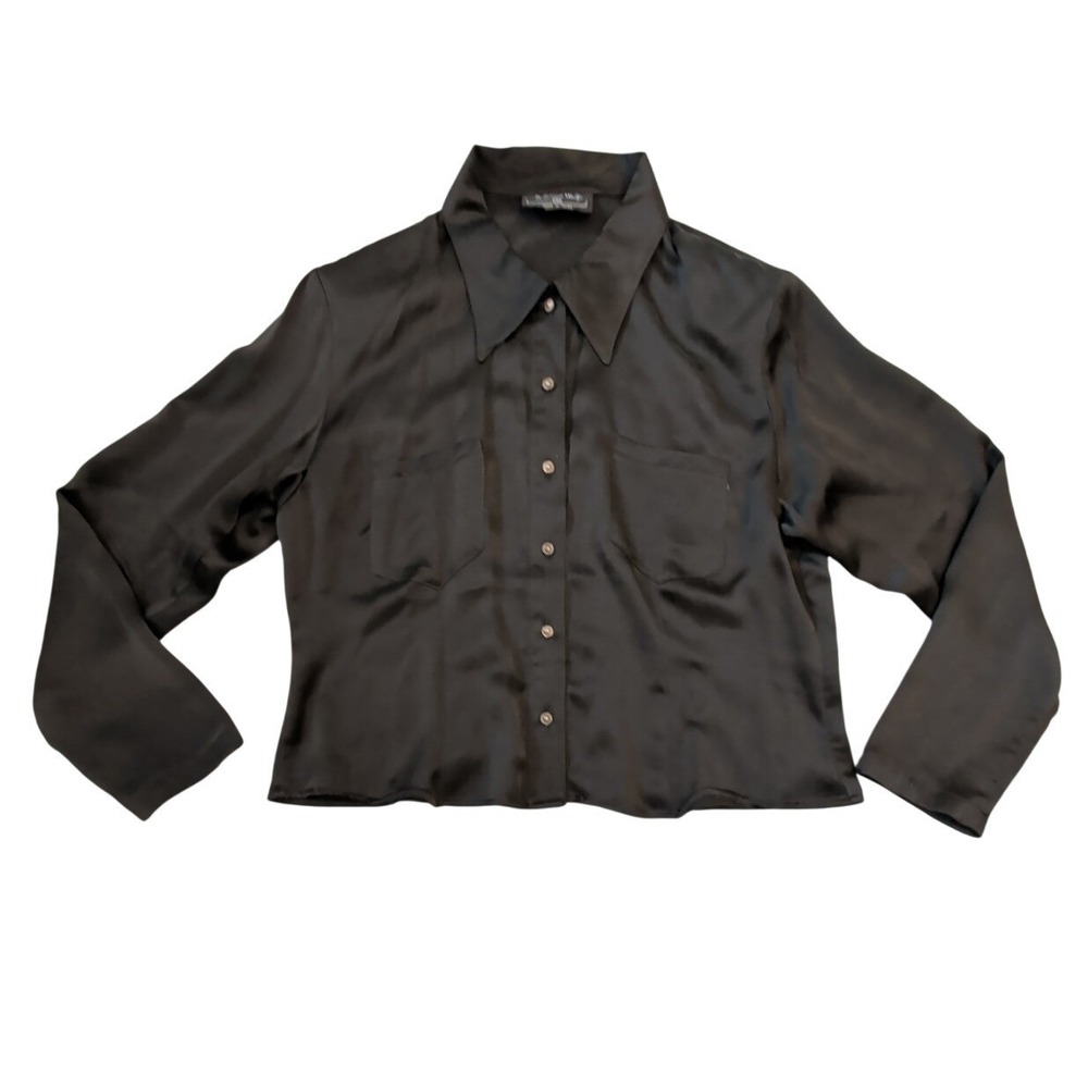 Patricia Wolf 100% Silk Women's Black Blouse Sz L Rose Buttons Made in Texas